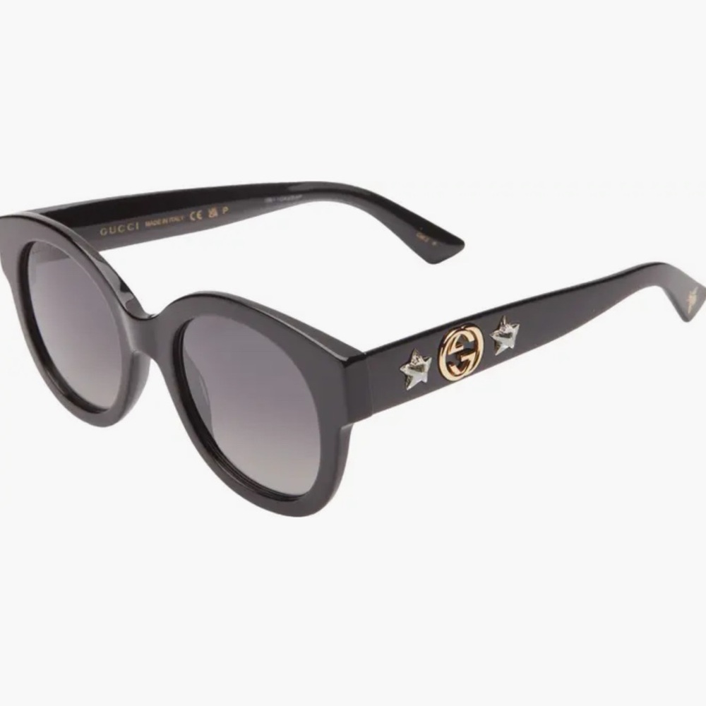 Gucci Black 51mm Round Polarized Sunglasses with Gold GG and Star Accents - Picture 3 of 3